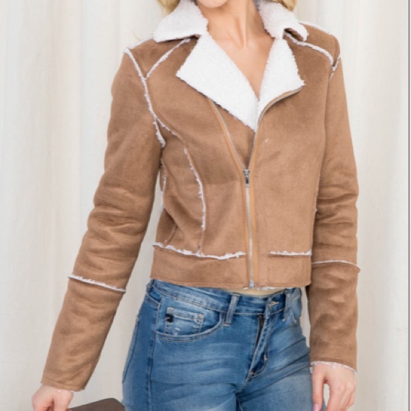 Faux Suede Sherpa Lined Short Moto Style Jacket - Picture 9 of 11
